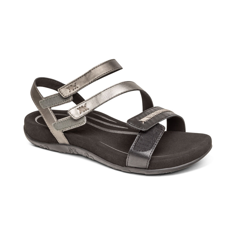 Aetrex Women's Gabby Adjustable Quarter Strap Sandals - Black | USA VVJSWSN